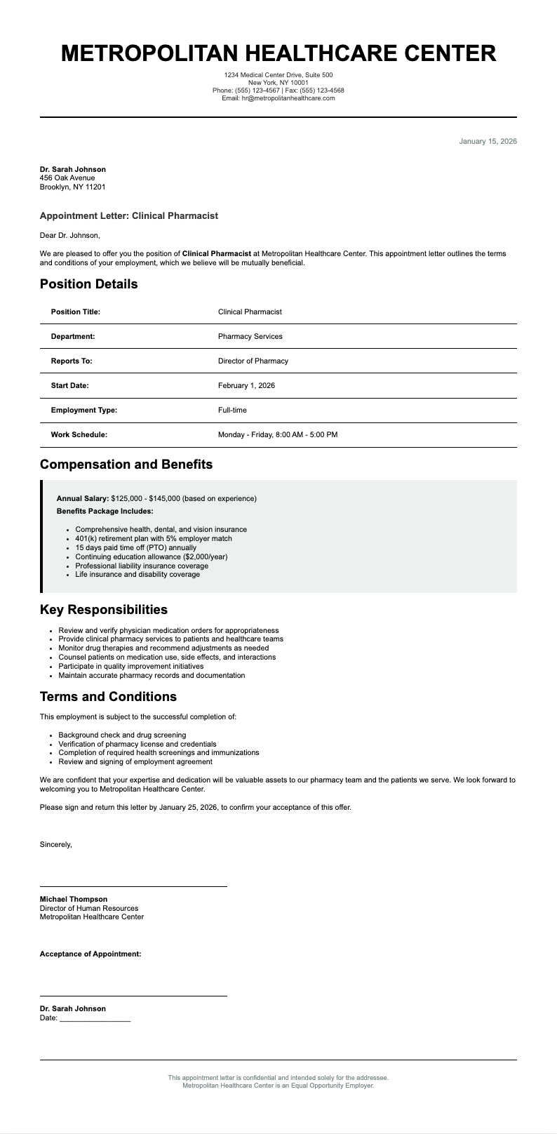 Pharmaceutical professional pharmacist appointment letter